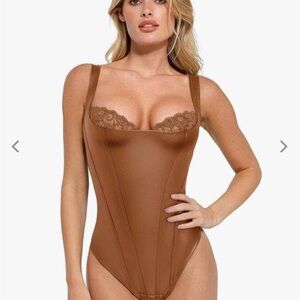 Brown Lace Trim Bodysuit